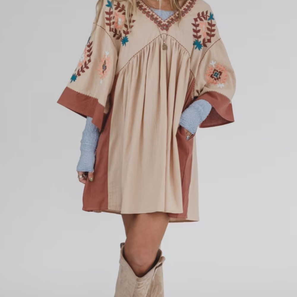 Easel Beige and Brown Embroidered Midi Dress